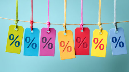 Colorful tags hanging on string showcase discounts in a cheerful displayの素材