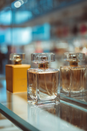 Elegant perfume bottles displayed on a glass surface in a retail store during the dayの素材