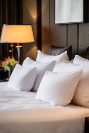 Elegant hotel bedroom with plush pillows and warm lighting perfect for relaxationの素材
