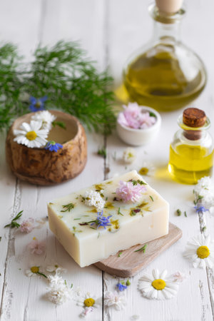 Handcrafted herbal soap with flowers and olive oil arranged on a rustic wooden surfaceの素材
