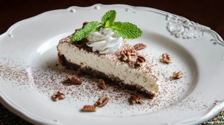 Delicious dessert slice with cream, nuts, and cocoa served on a white plateの素材