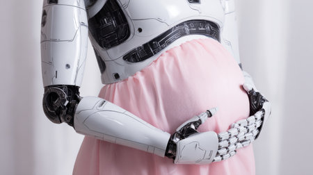 Robotic figure cradling a pregnant belly while wearing a soft pink dress in a serene indoor settingの素材