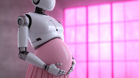 Robot with a pregnant belly in a modern room with soft lighting and pink backgroundの素材