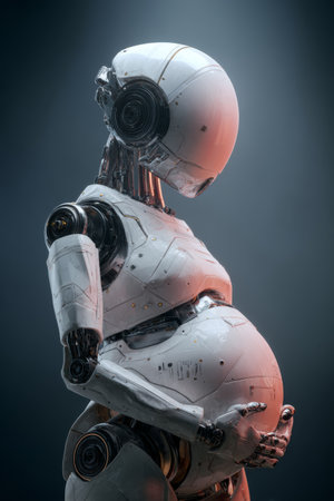 Futuristic robotic figure with a pregnant appearance in a dark studio settingの素材