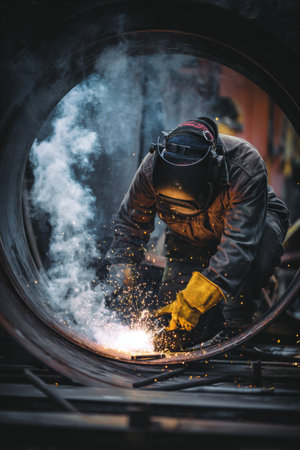 Worker welding inside a large cylinder at a construction site during the evening hoursの素材