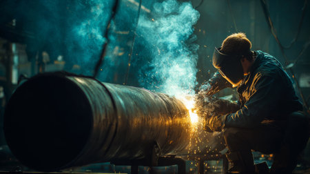 Welder working on a large pipe in a dimly lit workshop with sparks and smoke rising during the evening hoursの素材