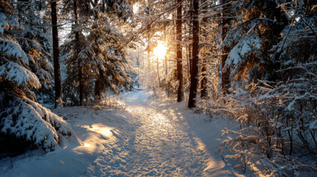Serene winter pathway through snow-covered forest during sunsetの素材