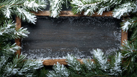 Festive wooden frame surrounded by snow-covered evergreens during winter seasonの素材