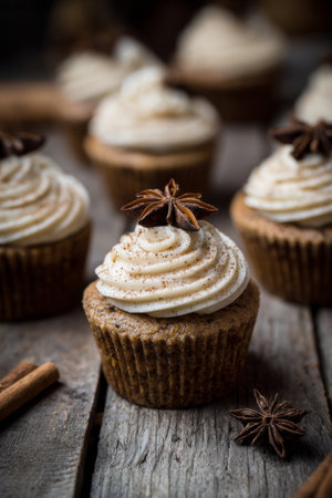 Delicious cupcakes with swirled frosting and star anise on a wooden table in a cozy settingの素材