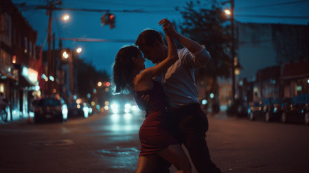 Couple dancing passionately in the street at night under streetlights in a lively urban settingの素材