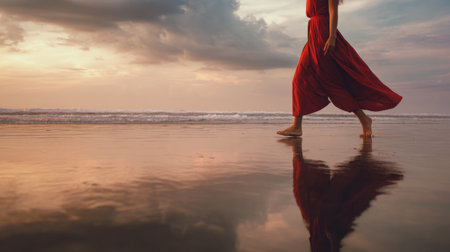Woman walking barefoot on wet sand at the beach during sunset with colorful clouds reflecting in the waterの素材