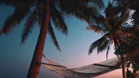 Relaxing hammock under palm trees at twilight with a starry sky aboveの素材
