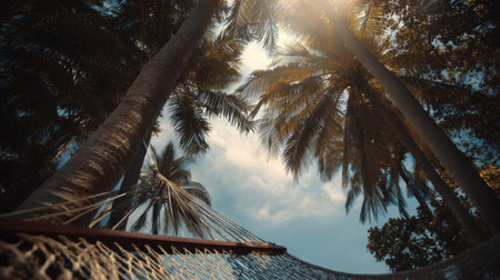 Relaxing under palm trees in a hammock on a sunny afternoon by the beachの素材