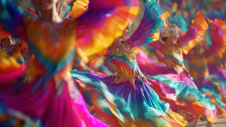 Colorful dancers perform traditional folk dance with vibrant costumes during cultural festival in a lively atmosphereの素材