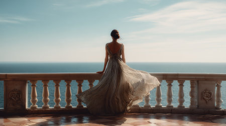 Woman in flowing dress enjoying the ocean view on a sunny day by the balconyの素材