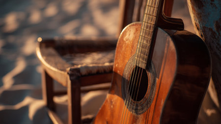 Guitar resting on a chair by the beach at sunset, creating a serene seaside atmosphereの素材