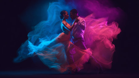 Couple dances passionately in colorful smoke during an evening dance eventの素材
