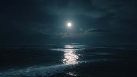 Moonlight reflecting on calm ocean waves at night creates a serene coastal scene with soft clouds in the skyの素材