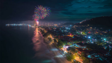 Spectacular fireworks light up the night sky over a coastal town during a festive celebrationの素材