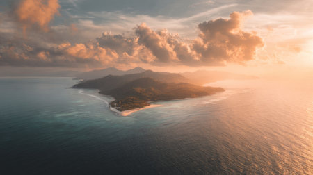 Stunning aerial view of a tropical island at sunset revealing beautiful coastline and rolling hillsの素材