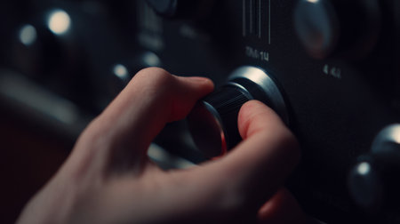 Adjusting the audio settings on an old-school stereo system in a cozy roomの素材