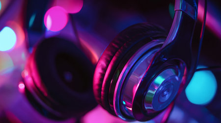 Colorful headphones close up in a vibrant setting with bright lights and a lively atmosphere during a nighttime eventの素材