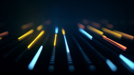 Colorful light streaks create a dynamic atmosphere in an abstract digital design at nightの素材