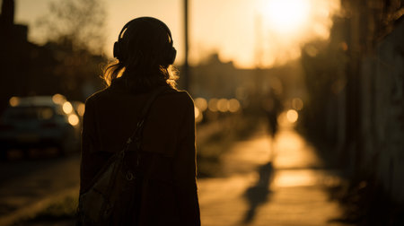 Person walks down street at sunset wearing headphones, enjoying the evening atmosphere in a calm settingの素材