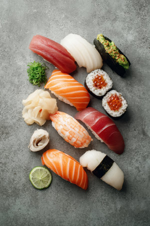 Fresh sushi assortment featuring various types and colorful presentation on a gray surfaceの素材