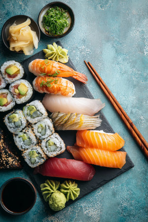 Delicious sushi platter featuring a variety of rolls, sashimi, and condiments served on a slate boardの素材