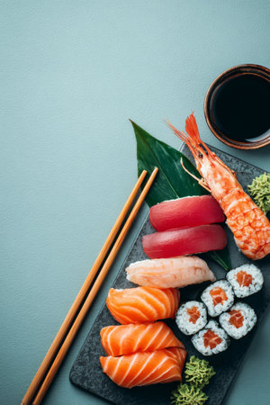 Fresh sushi platter with salmon, tuna, and shrimp served with soy sauce in a minimalist styleの素材