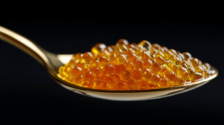 Golden fish roe glistens on a silver spoon against a dark backgroundの素材