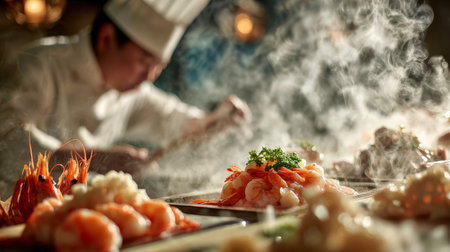 Sushi chef prepares fresh seafood at a bustling restaurant with steam rising from the kitchenの素材
