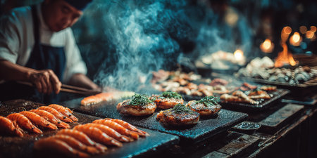 Grilling fresh seafood at a bustling night market with vibrant aromas and lively atmosphereの素材