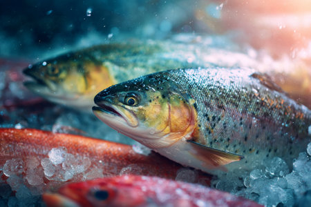 Freshly caught trout and salmon displayed on ice at a seafood market early in the morningの素材