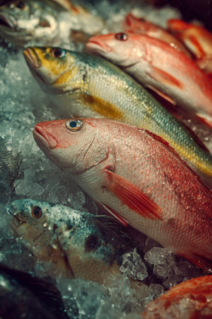 Fresh catch of the day displayed on ice at a fish market in a coastal town during morning hoursの素材