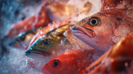Fresh seafood display featuring a variety of fish on ice in a market setting during the early morning hoursの素材