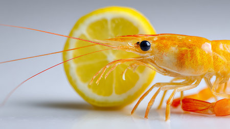 Fresh shrimp prepared with lemon slice on a clean white surface ready for a delicious seafood dishの素材