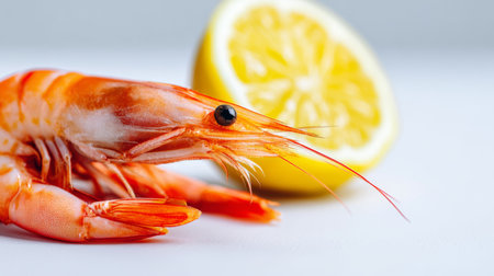 Fresh shrimp and lemon on a white surface, showcasing vibrant colors and textures for seafood lovers and culinary enthusiastsの素材