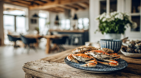 Freshly prepared crabs on a rustic table in a cozy coastal dining space with natural lightの素材