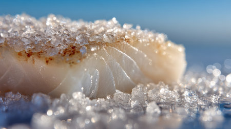 Freshly prepared fish fillet resting on a bed of sea salt glistening under sunlight at a coastal locationの素材