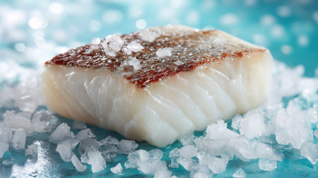 Fresh fish filet resting on a bed of coarse sea salt on a vibrant blue surface in a kitchen settingの素材