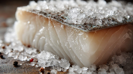Fresh fish fillet resting on a bed of sea salt and spices, ready for preparationの素材