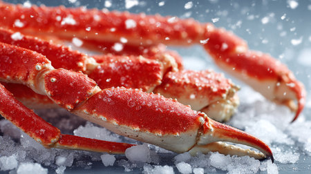 Bright red crab legs on crushed ice with snowflakes in the background create a fresh seafood display in a cold settingの素材