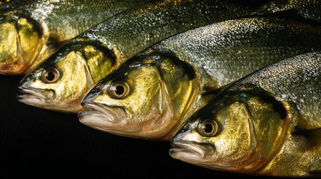 Freshly caught fish lined up for display, showcasing vibrant colors and detailed textures in a market settingの素材
