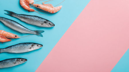 Fresh seafood assortment with shrimp and fish on a colorful background ready for preparationの素材
