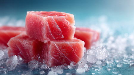 Fresh tuna cubes displayed on crushed ice, ready for sushi preparation in a kitchen settingの素材