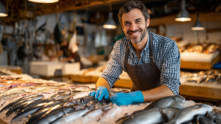 Fresh fish market with a smiling vendor showcasing a variety of seafood in a vibrant setting during the afternoonの素材
