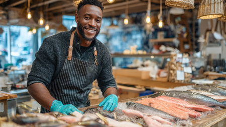 Fresh fish market display with friendly vendor showcasing a variety of seafood in lively atmosphereの素材
