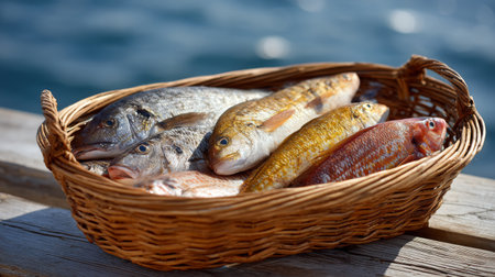 Freshly caught fish in a woven basket on a rustic pier by the waterâs edge during a sunny dayの素材